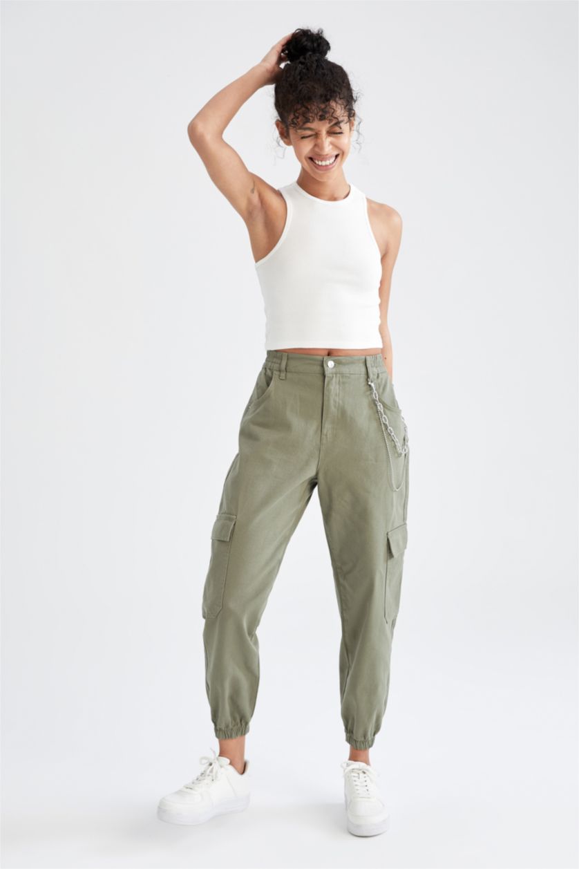 Woman Khaki Normal Waist Cargo Jogger Trousers