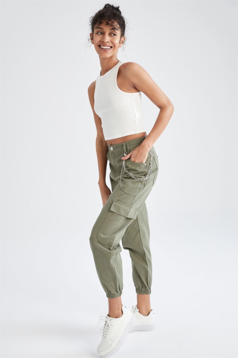 Woman Khaki Normal Waist Cargo Jogger Trousers