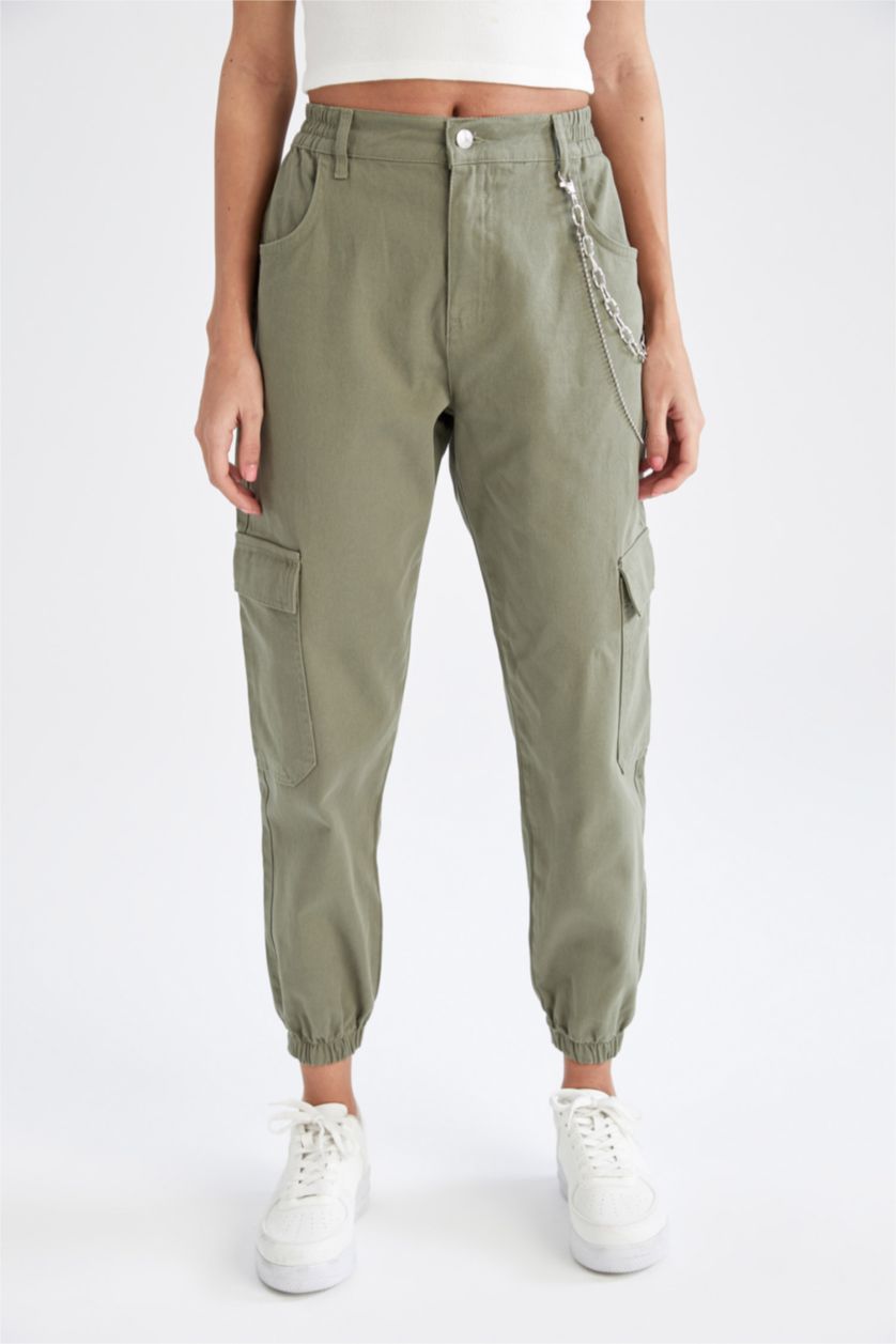 Woman Khaki Normal Waist Cargo Jogger Trousers