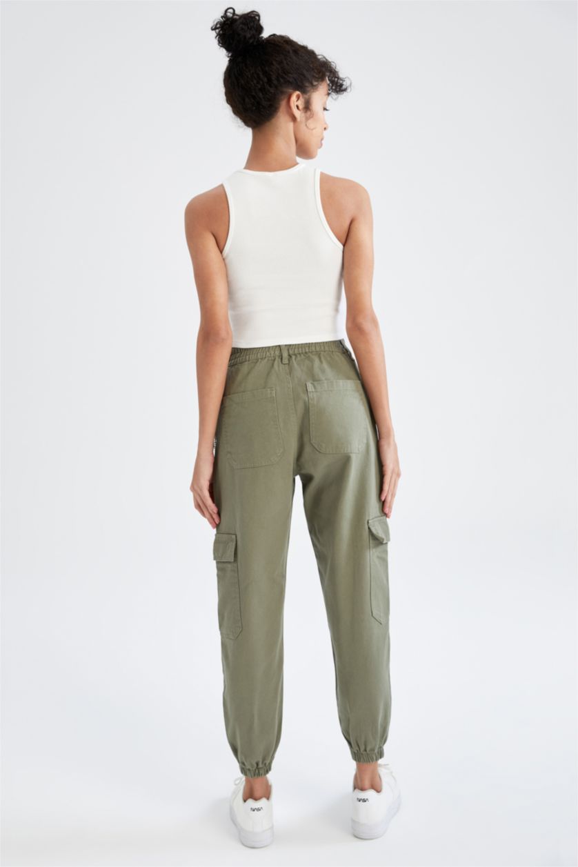 Woman Khaki Normal Waist Cargo Jogger Trousers