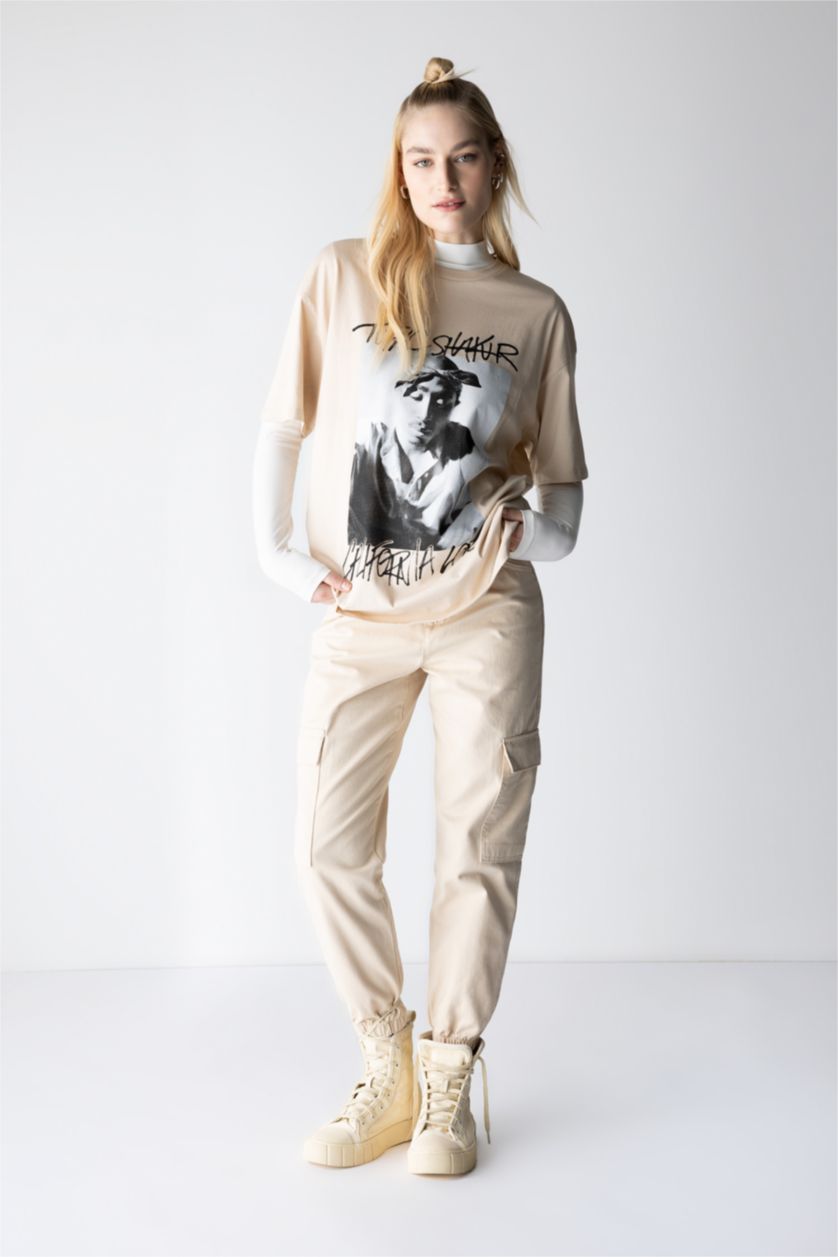 Woman Beige Cargo Jogger Normal Waist Gabardine Cotton Trousers