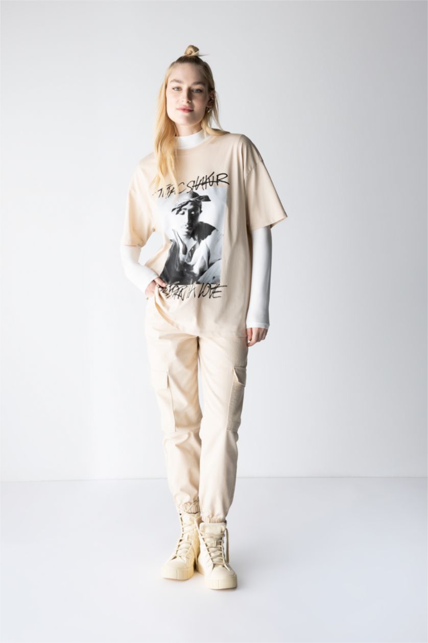 Woman Beige Cargo Jogger Normal Waist Gabardine Cotton Trousers