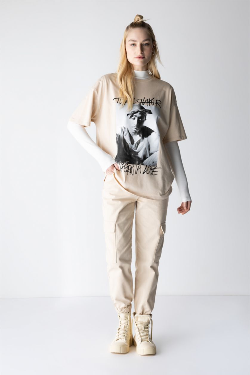 Woman Beige Cargo Jogger Normal Waist Gabardine Cotton Trousers