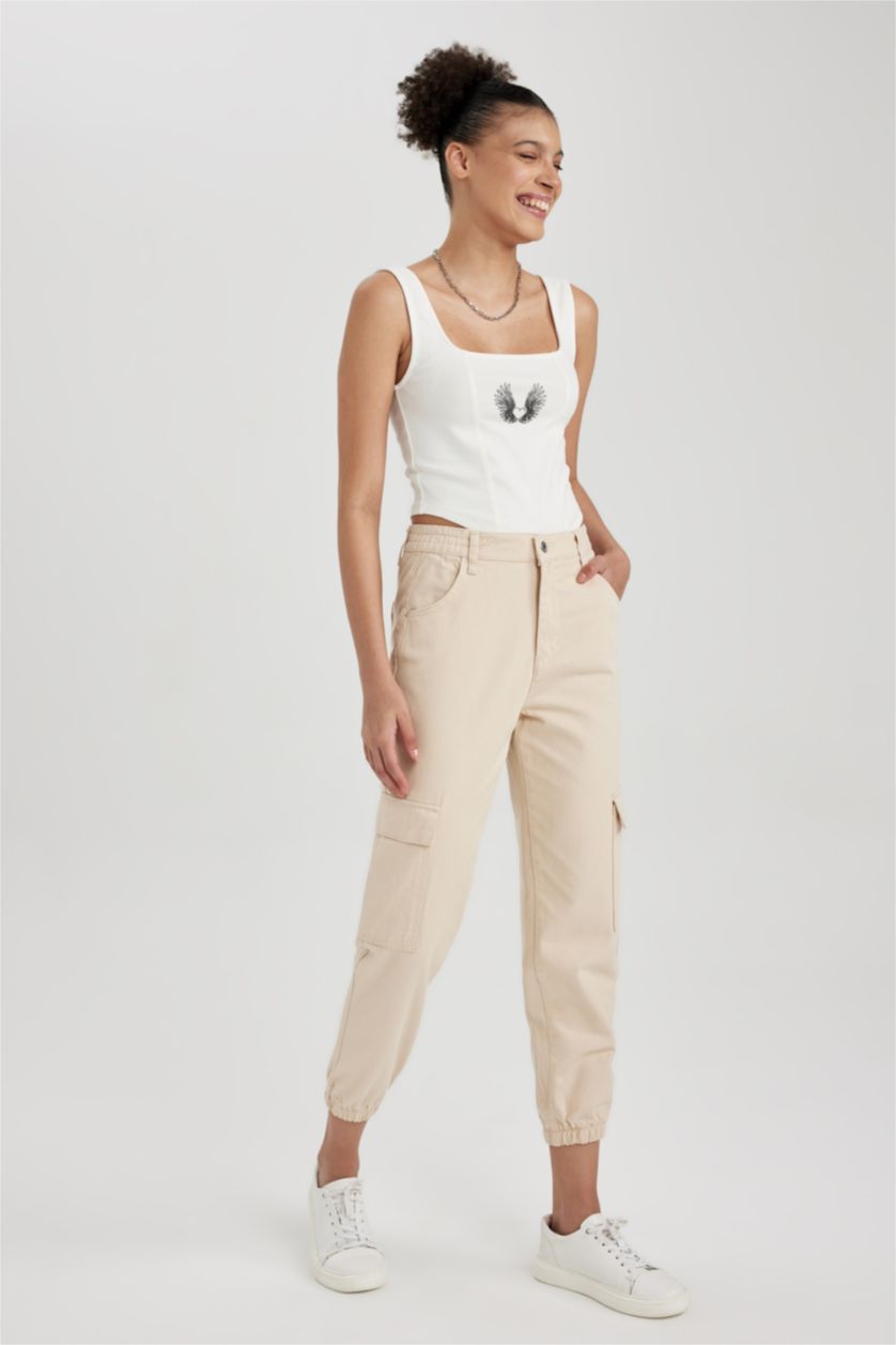 Woman Beige Cargo Jogger Normal Waist Gabardine Cotton Trousers