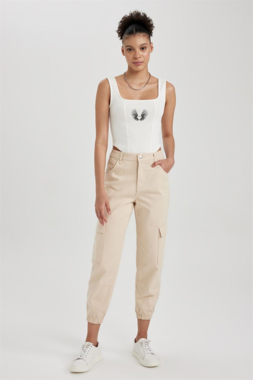 Woman Beige Cargo Jogger Normal Waist Gabardine Cotton Trousers