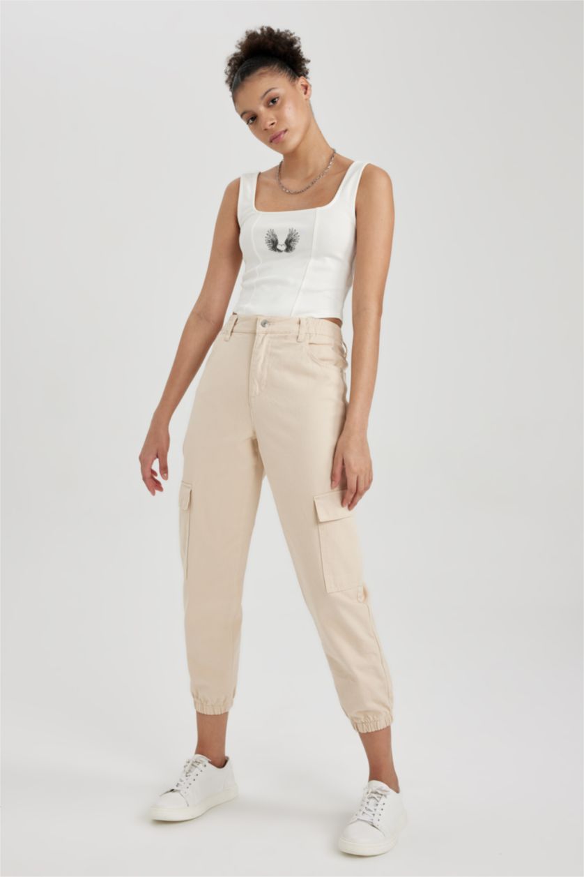 Woman Beige Cargo Jogger Normal Waist Gabardine Cotton Trousers