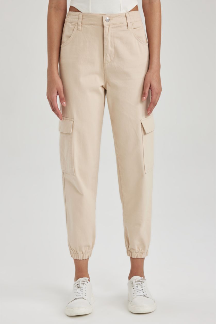 Woman Beige Cargo Jogger Normal Waist Gabardine Cotton Trousers
