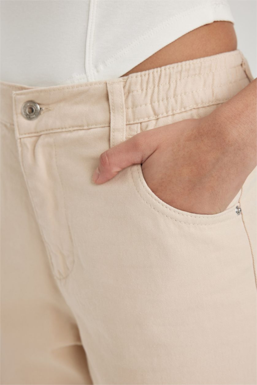 Woman Beige Cargo Jogger Normal Waist Gabardine Cotton Trousers