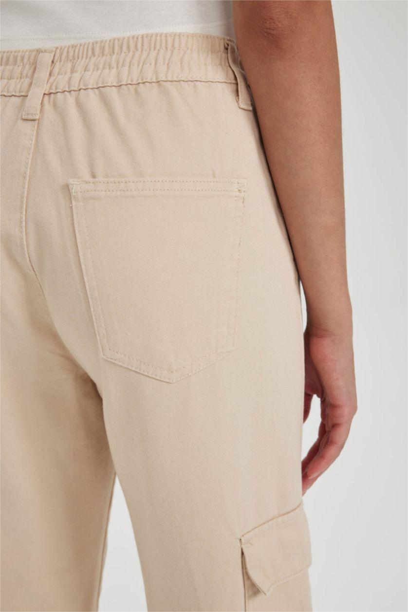 Woman Beige Cargo Jogger Normal Waist Gabardine Cotton Trousers