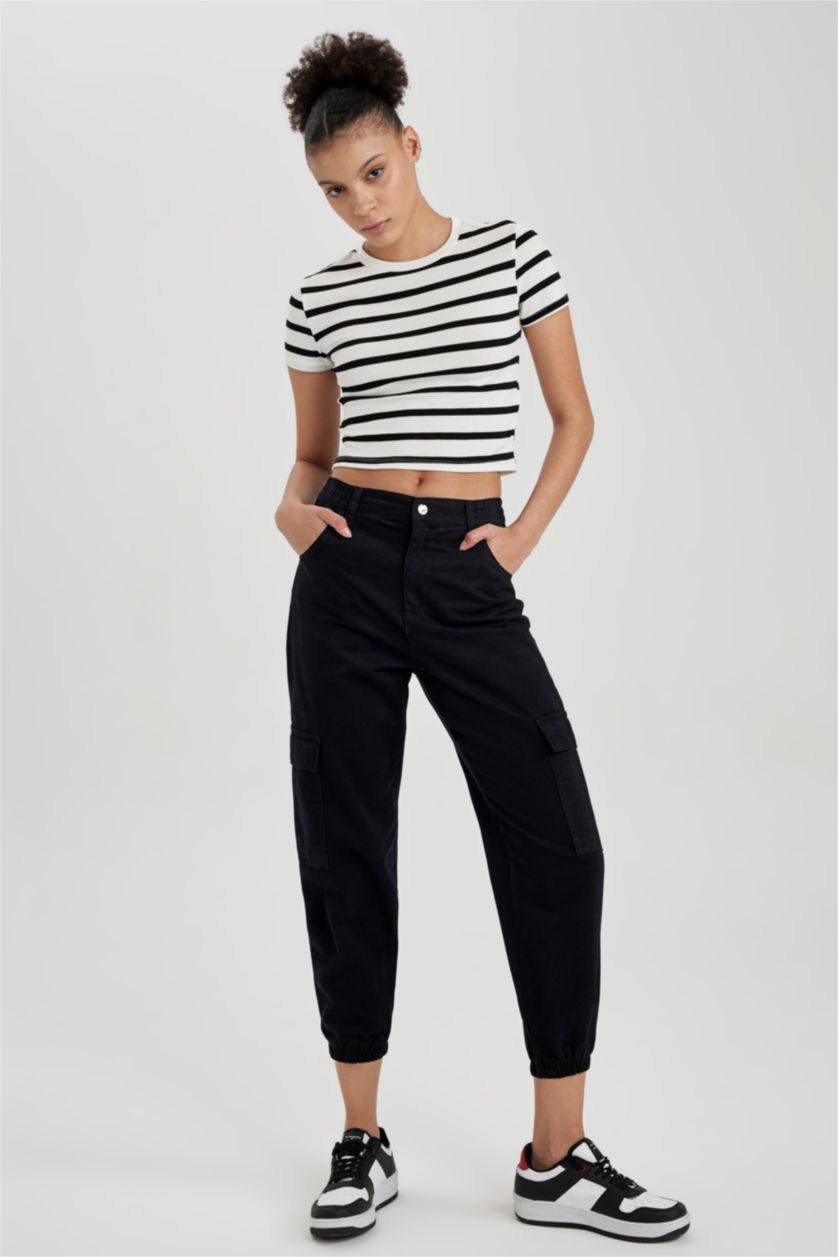 WOMAN Black Cargo Jogger Normal Waist Gabardine Cotton Trousers