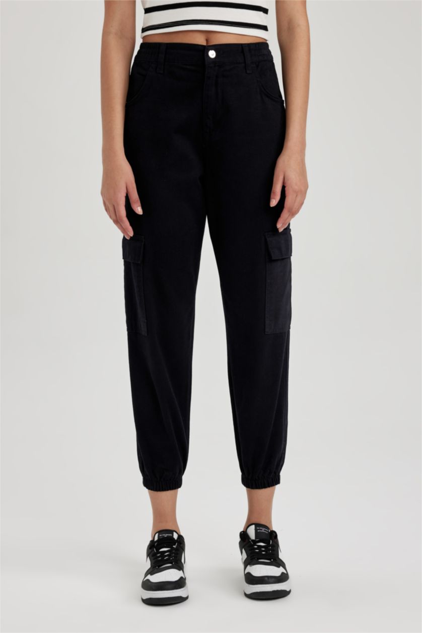 WOMAN Black Cargo Jogger Normal Waist Gabardine Cotton Trousers