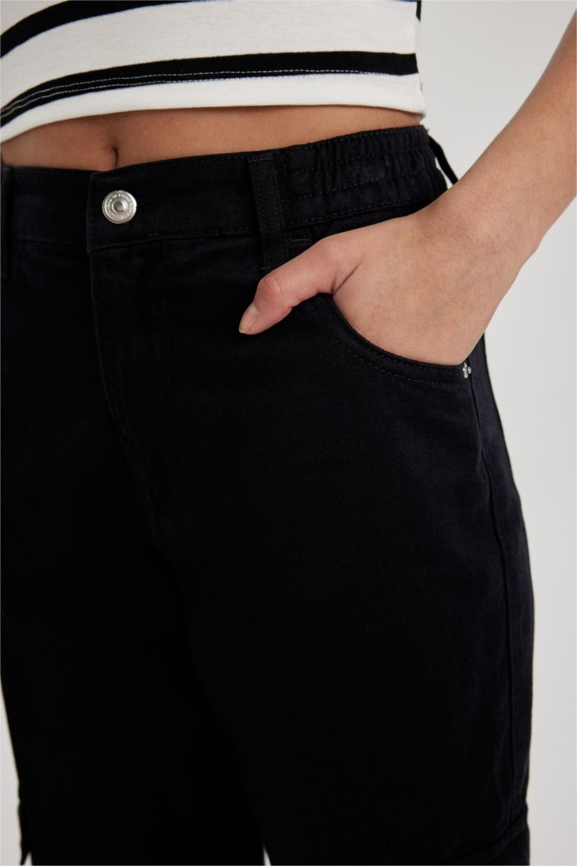 WOMAN Black Cargo Jogger Normal Waist Gabardine Cotton Trousers