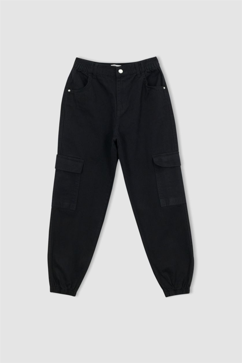 WOMAN Black Cargo Jogger Normal Waist Gabardine Cotton Trousers