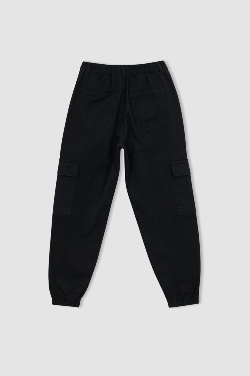 WOMAN Black Cargo Jogger Normal Waist Gabardine Cotton Trousers