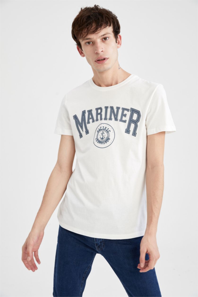 HOMME Écru T-shirt à manches courtes imprimé à col ras du cou coupe slim