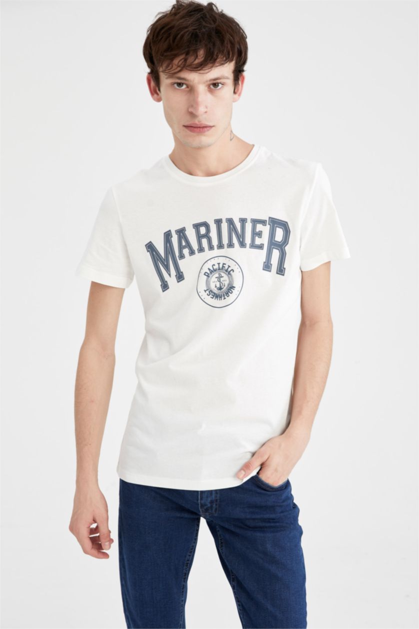 HOMME Écru T-shirt à manches courtes imprimé à col ras du cou coupe slim