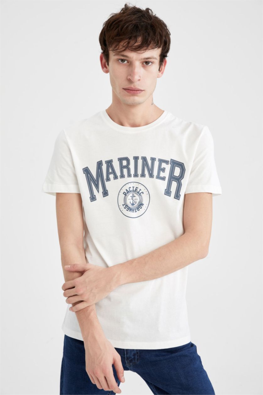 HOMME Écru T-shirt à manches courtes imprimé à col ras du cou coupe slim