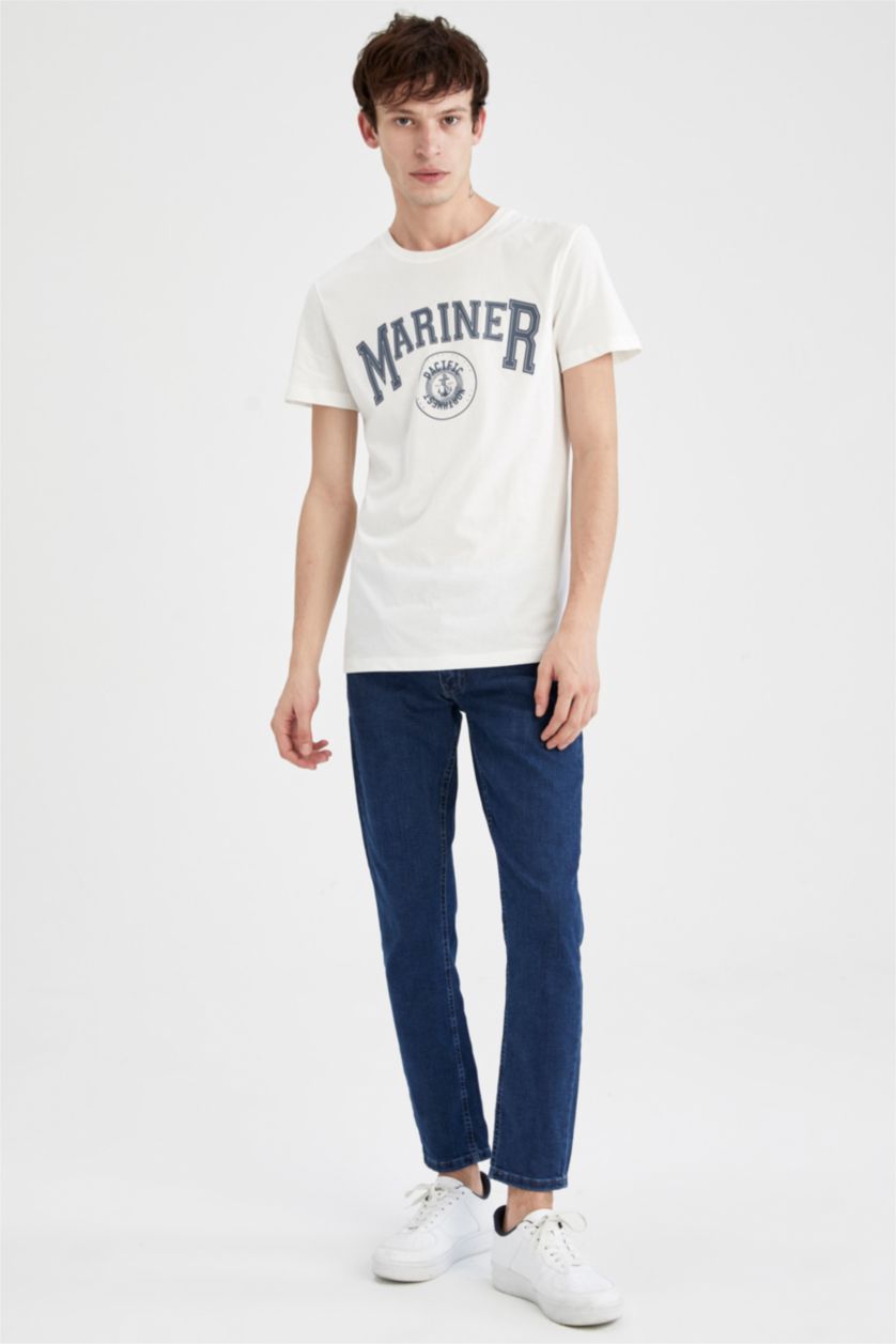 HOMME Écru T-shirt à manches courtes imprimé à col ras du cou coupe slim