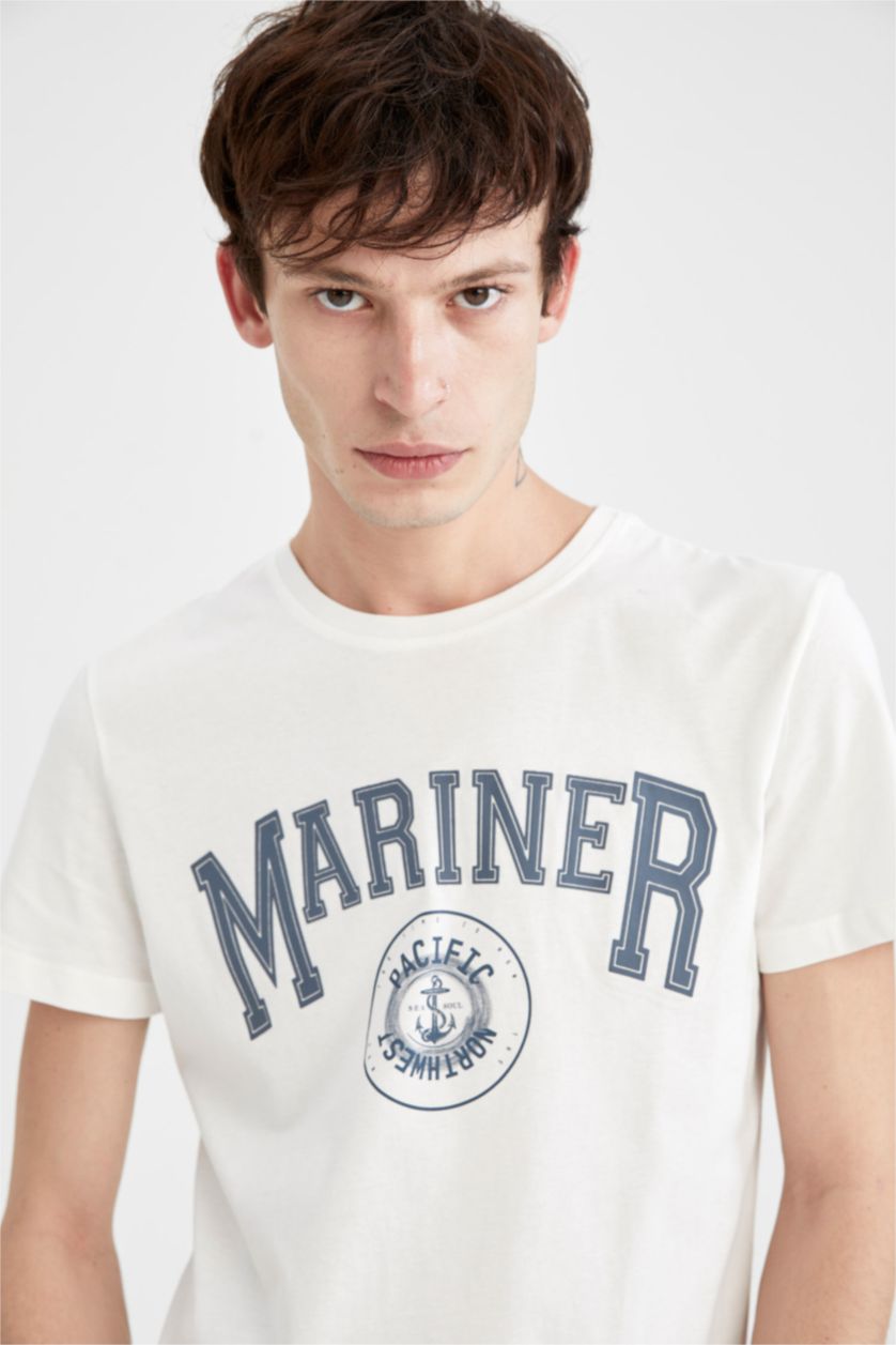 HOMME Écru T-shirt à manches courtes imprimé à col ras du cou coupe slim