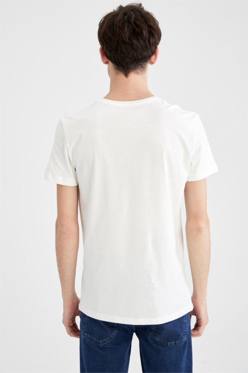 HOMME Écru T-shirt à manches courtes imprimé à col ras du cou coupe slim