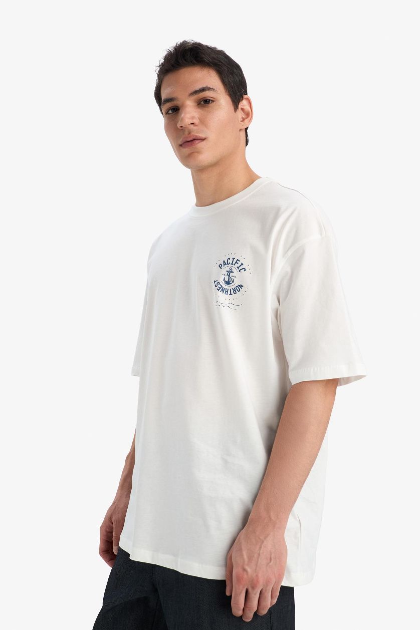 MAN Ecru Oversize Fit Crew Neck Printed Short Sleeve T-Shirt