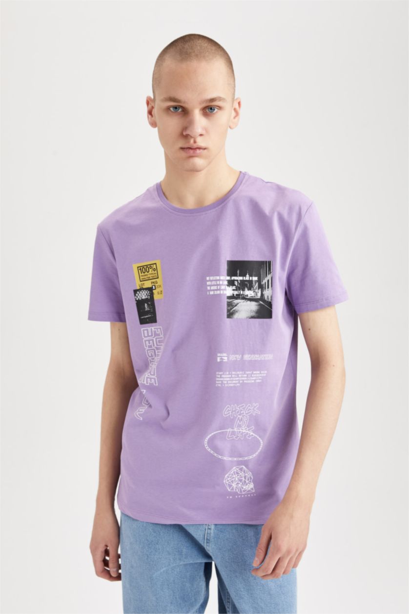HOMME Violet T-shirt Cool Slim Fit à col rond et manches courtes imprimé