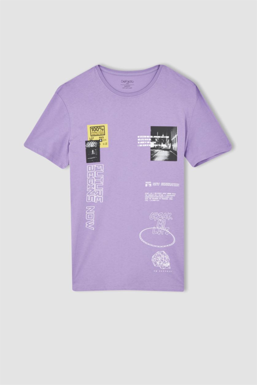 HOMME Violet T-shirt Cool Slim Fit à col rond et manches courtes imprimé