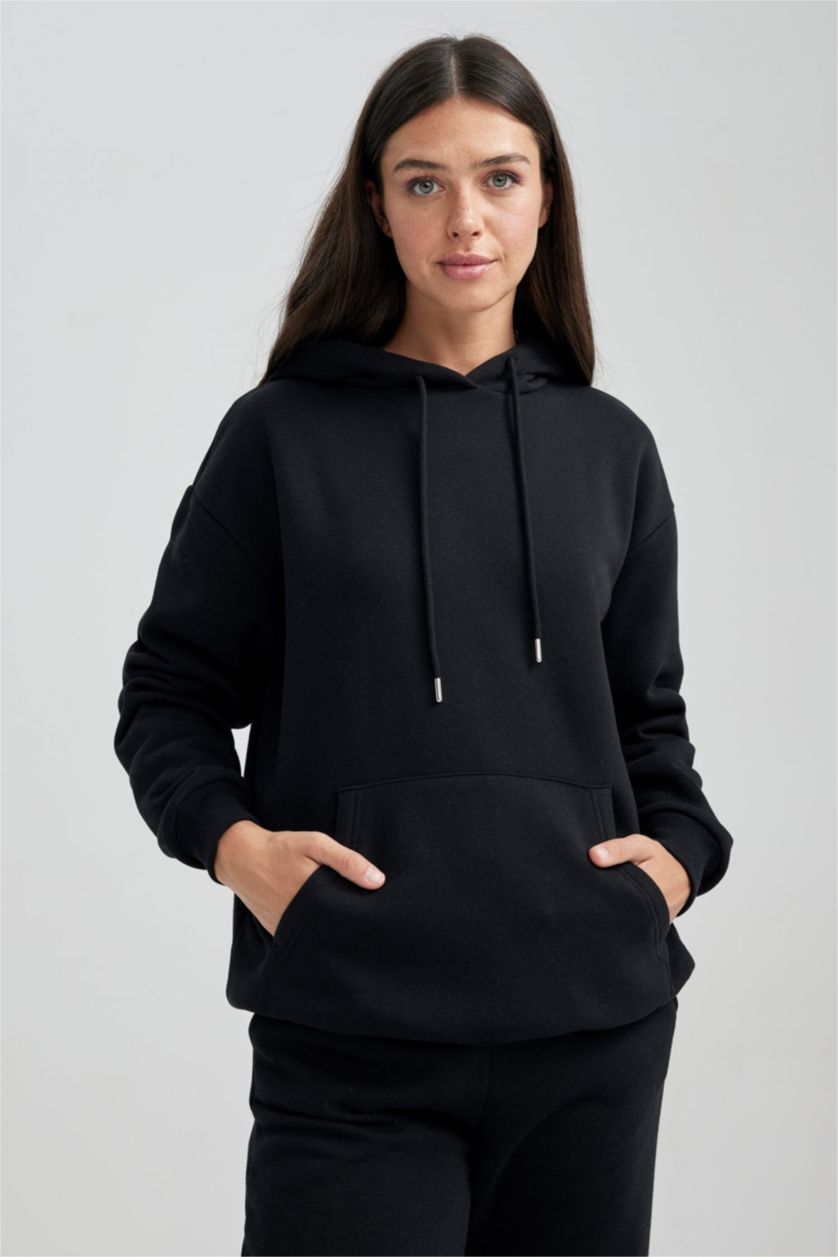 Kadın Siyah Relax Fıt Kalın Sweatshirt Kumaşı Sweatshirt