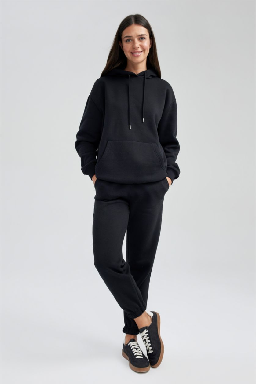 Kadın Siyah Relax Fıt Kalın Sweatshirt Kumaşı Sweatshirt