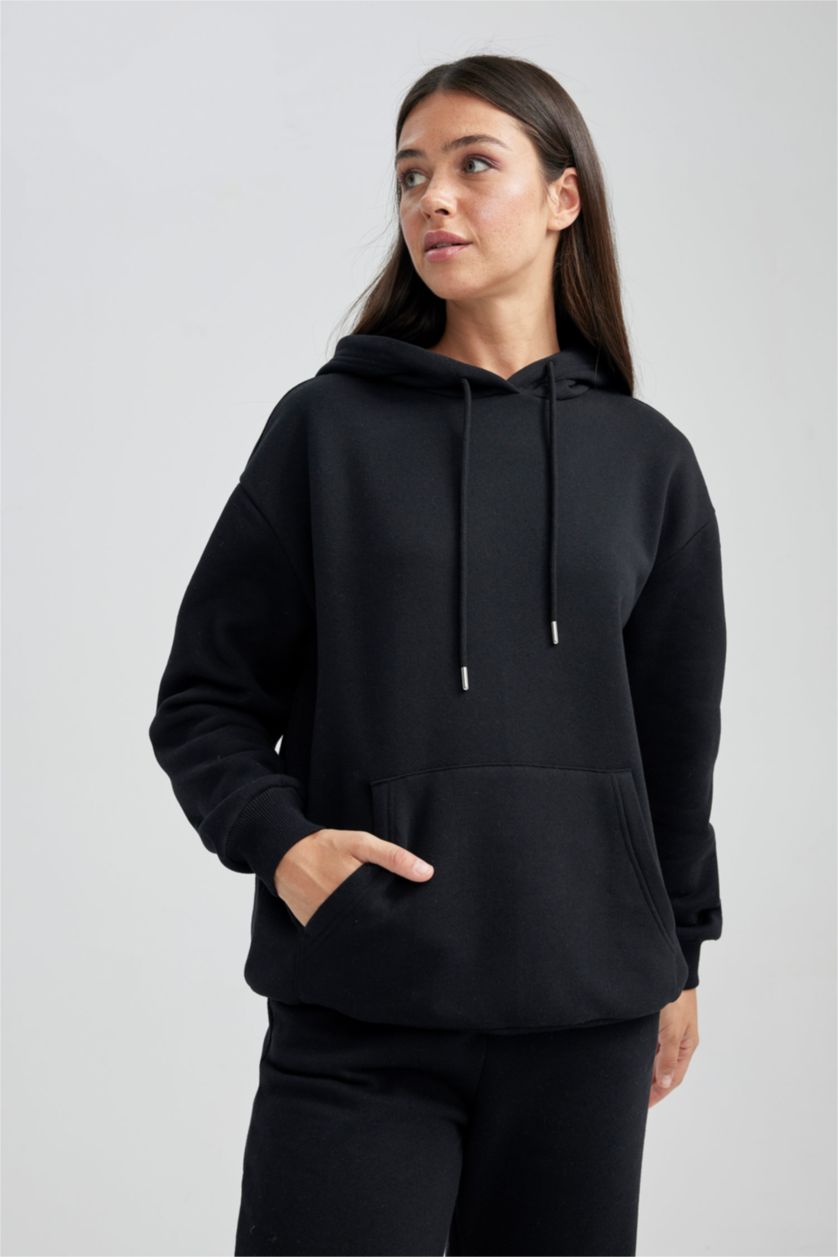 Kadın Siyah Relax Fıt Kalın Sweatshirt Kumaşı Sweatshirt