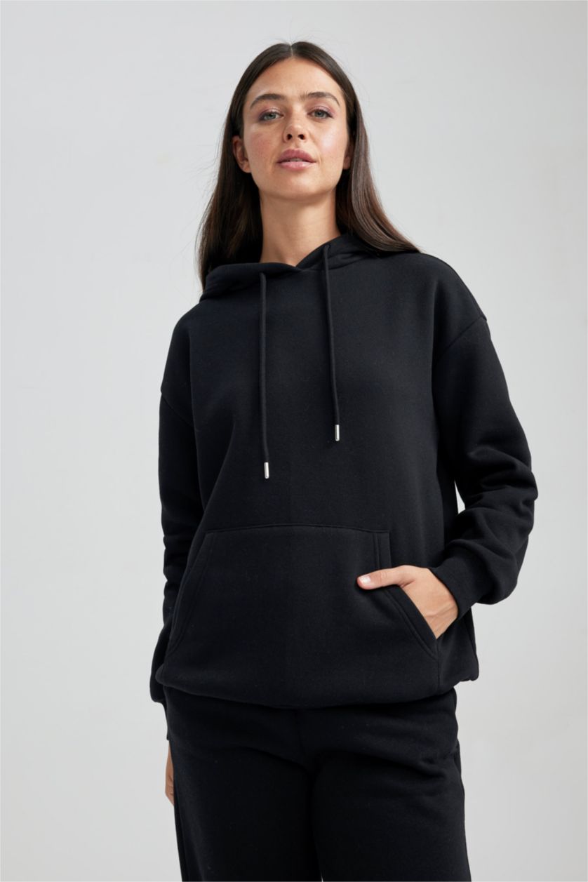 Kadın Siyah Relax Fıt Kalın Sweatshirt Kumaşı Sweatshirt