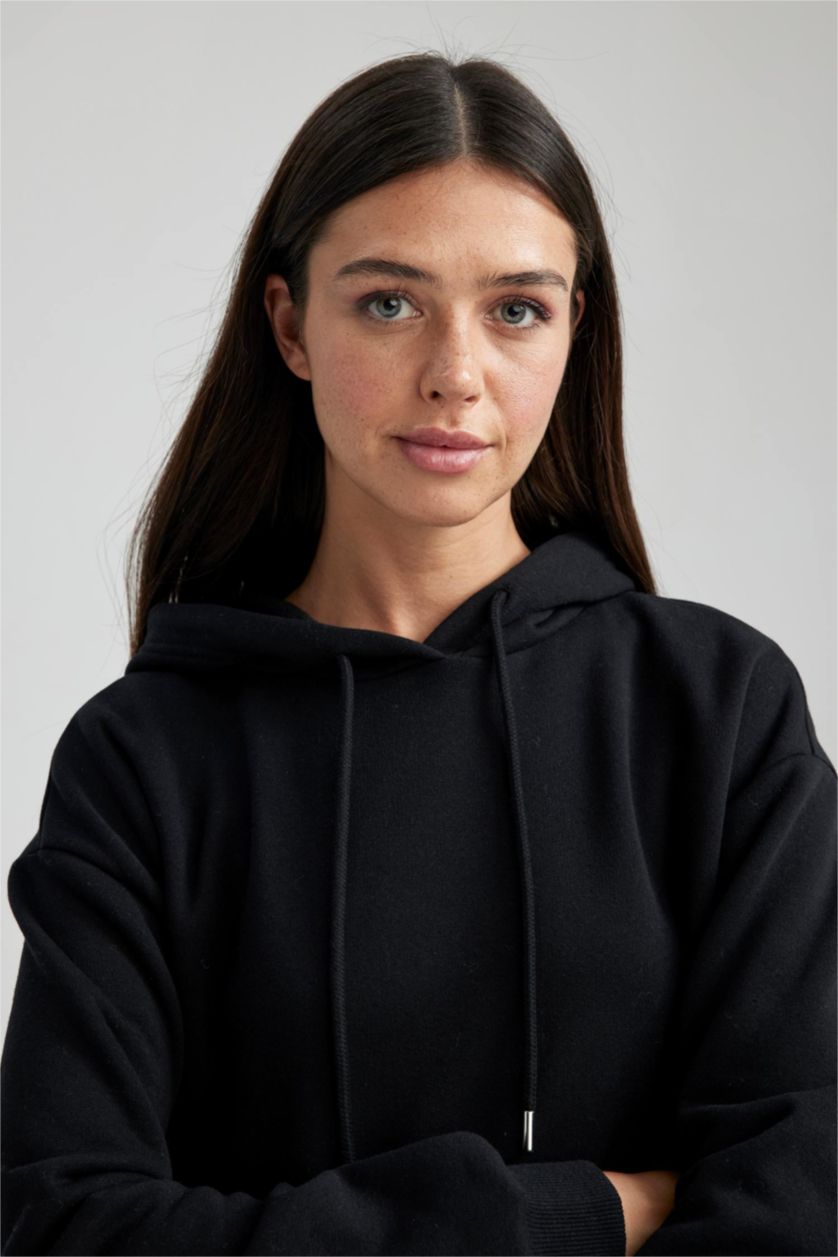 Kadın Siyah Relax Fıt Kalın Sweatshirt Kumaşı Sweatshirt