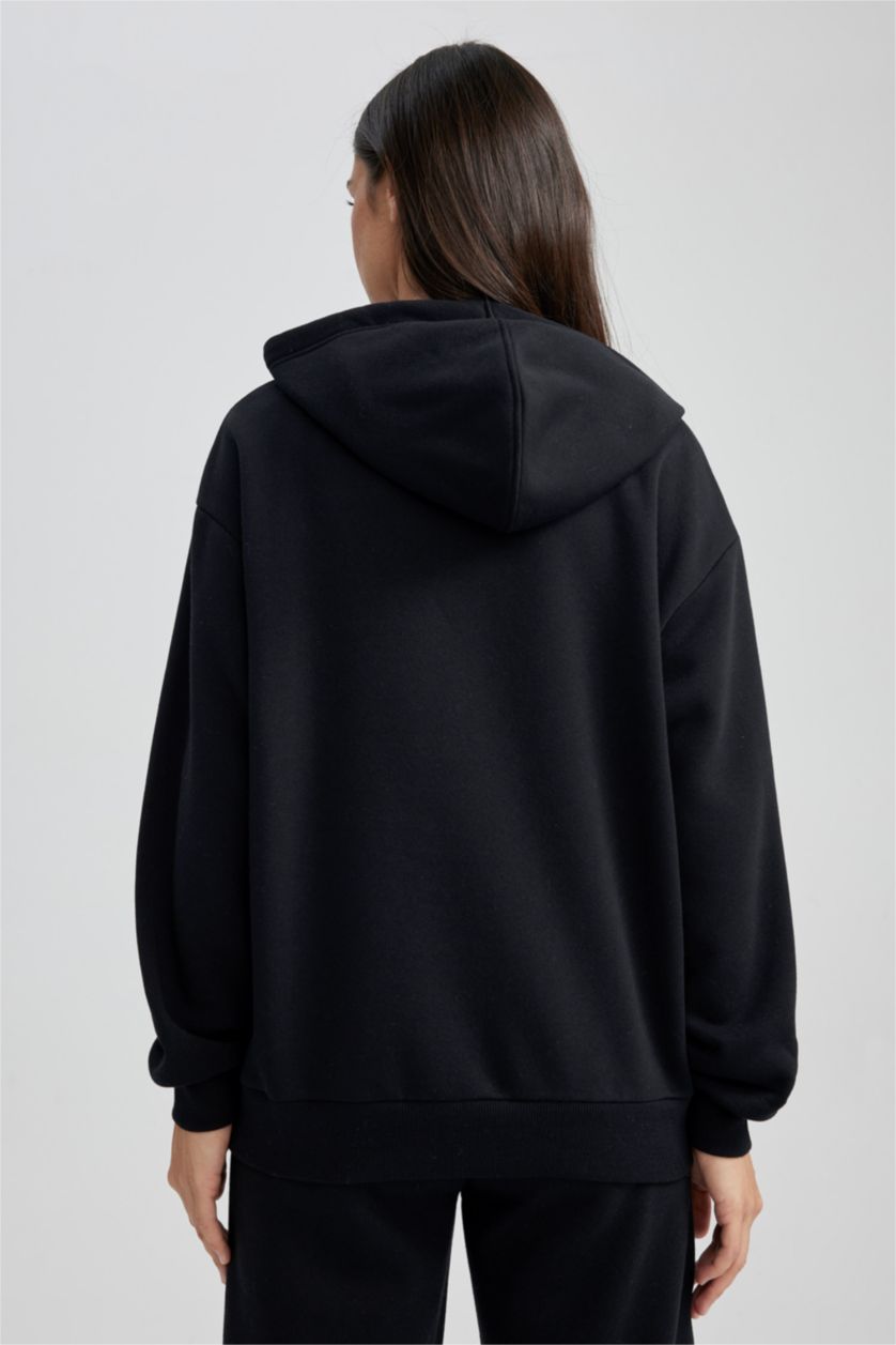 Kadın Siyah Relax Fıt Kalın Sweatshirt Kumaşı Sweatshirt