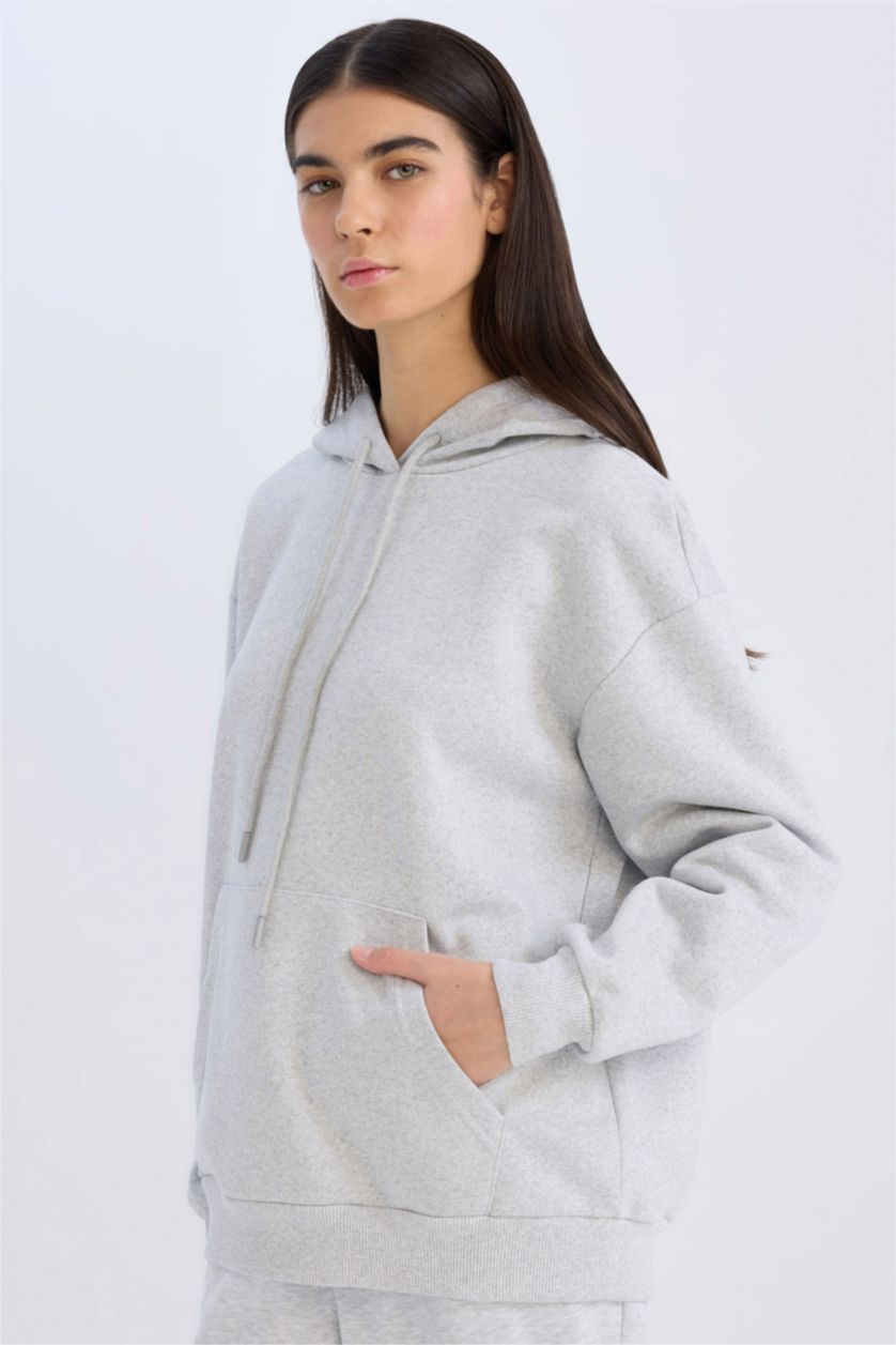WOMAN Grey Melange Relax Fit Hooded Thick Pullover Fabric Sweatshirt