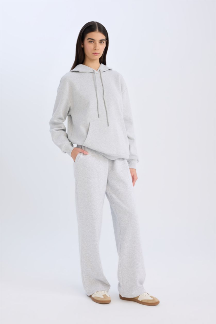 WOMAN Grey Melange Relax Fit Hooded Thick Pullover Fabric Sweatshirt