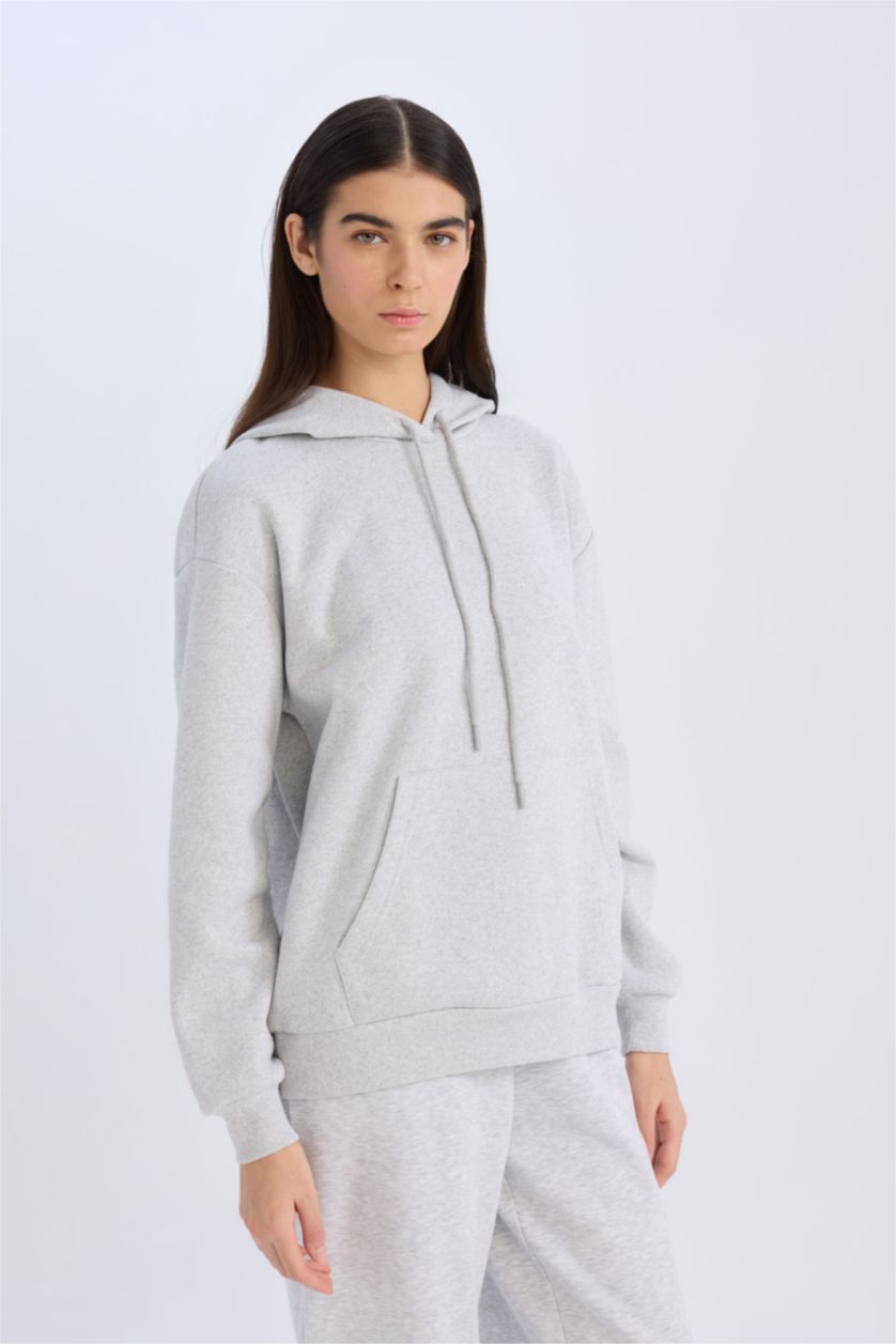 WOMAN Grey Melange Relax Fit Hooded Thick Pullover Fabric Sweatshirt