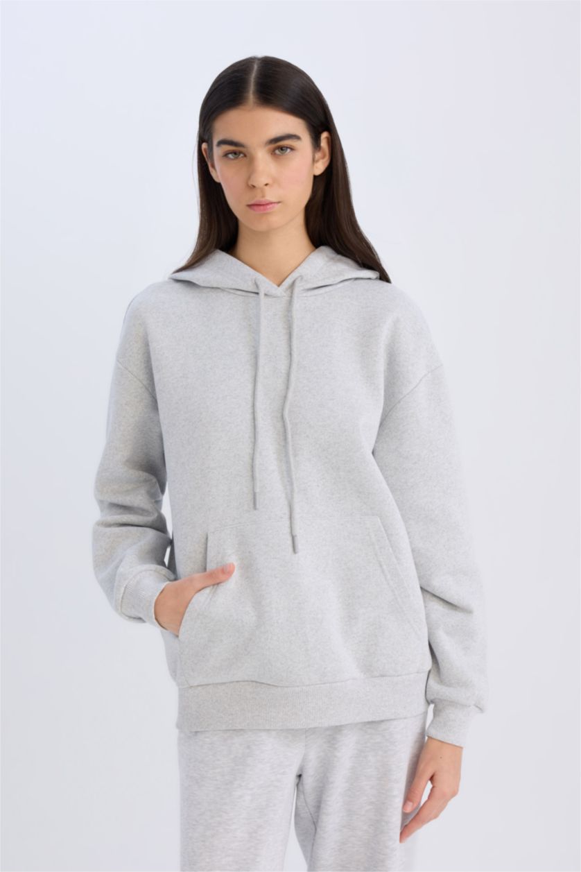 WOMAN Grey Melange Relax Fit Hooded Thick Pullover Fabric Sweatshirt