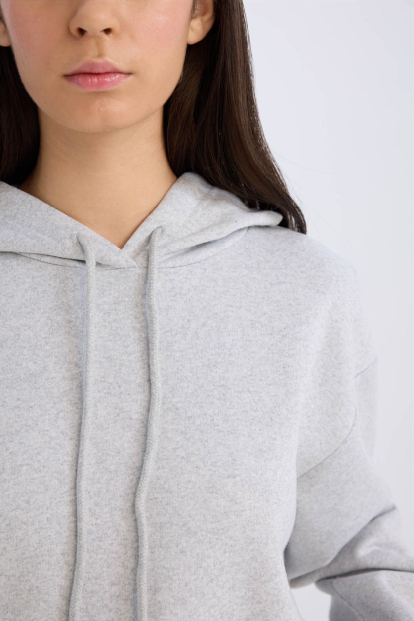 WOMAN Grey Melange Relax Fit Hooded Thick Pullover Fabric Sweatshirt