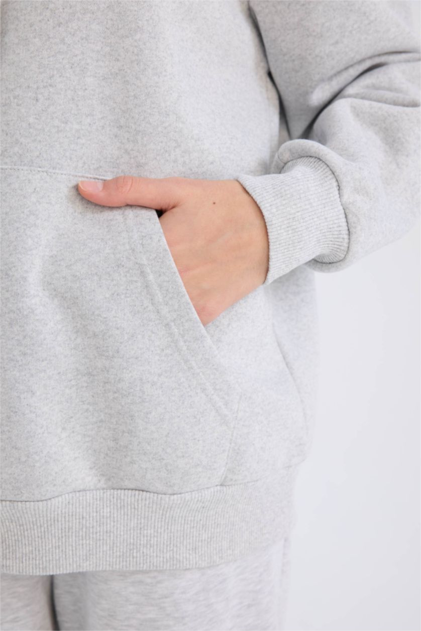 WOMAN Grey Melange Relax Fit Hooded Thick Pullover Fabric Sweatshirt