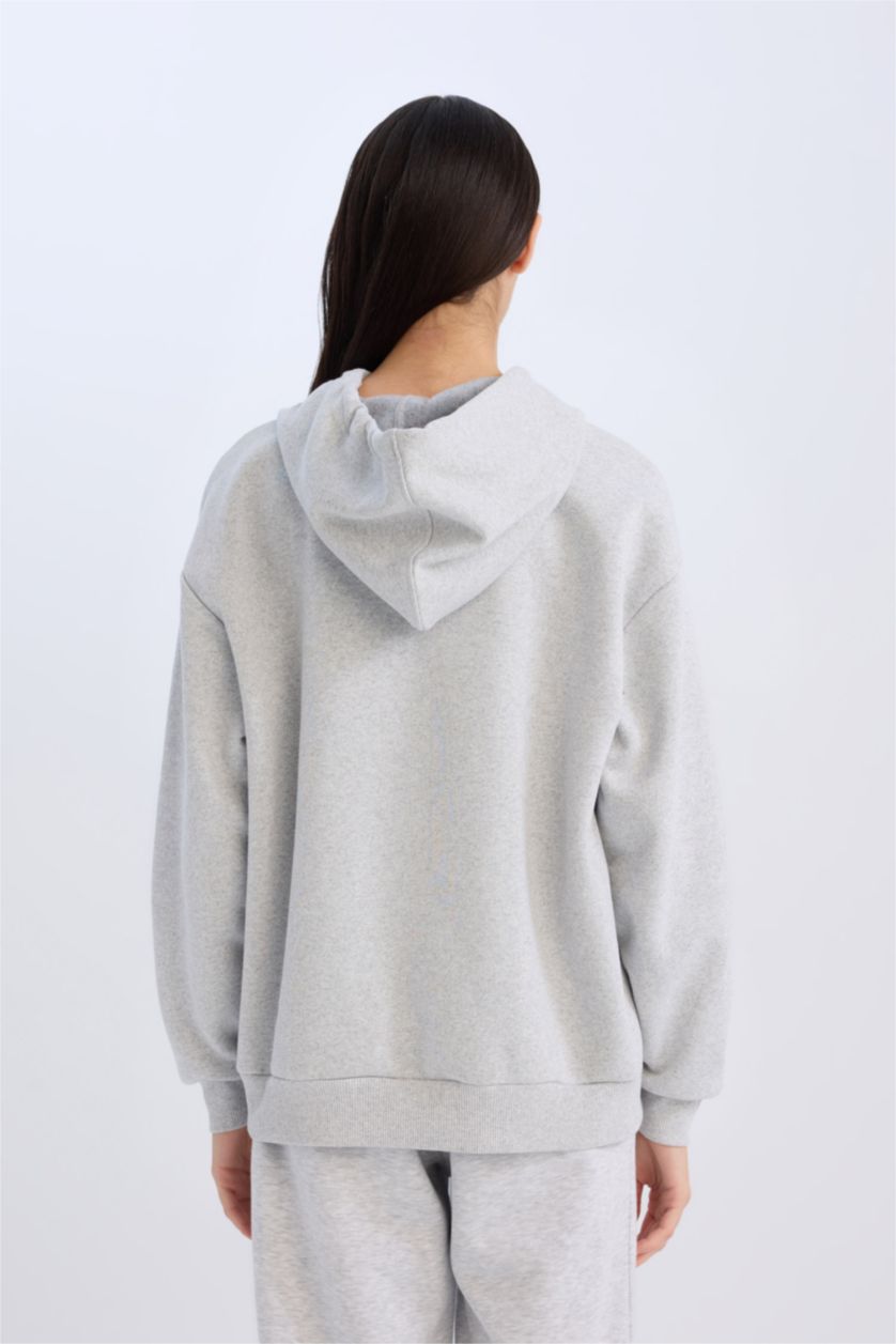 WOMAN Grey Melange Relax Fit Hooded Thick Pullover Fabric Sweatshirt