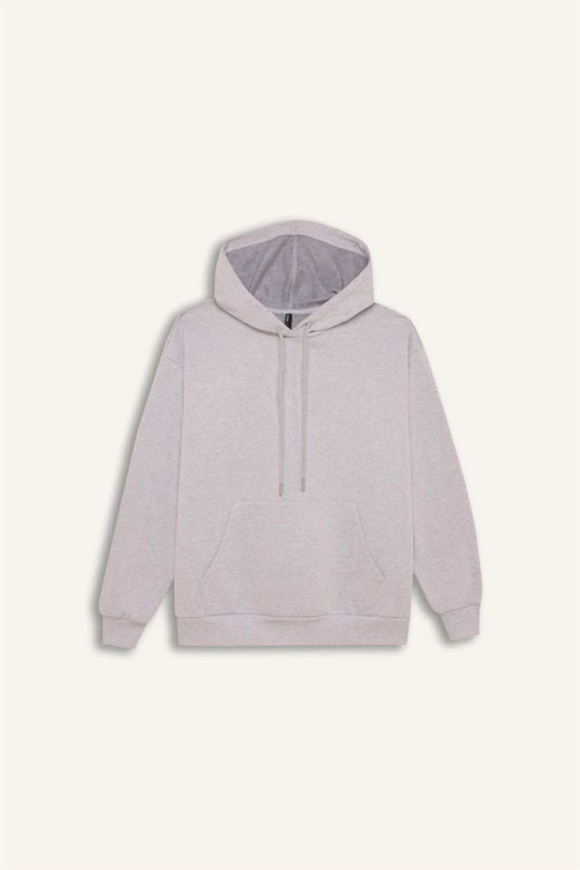 WOMAN Grey Melange Relax Fit Hooded Thick Pullover Fabric Sweatshirt