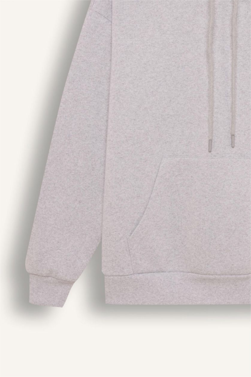 WOMAN Grey Melange Relax Fit Hooded Thick Pullover Fabric Sweatshirt