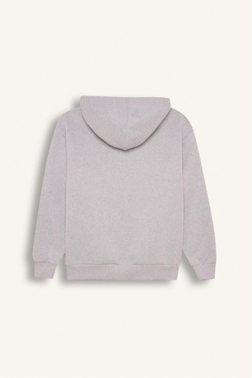 WOMAN Grey Melange Relax Fit Hooded Thick Pullover Fabric Sweatshirt