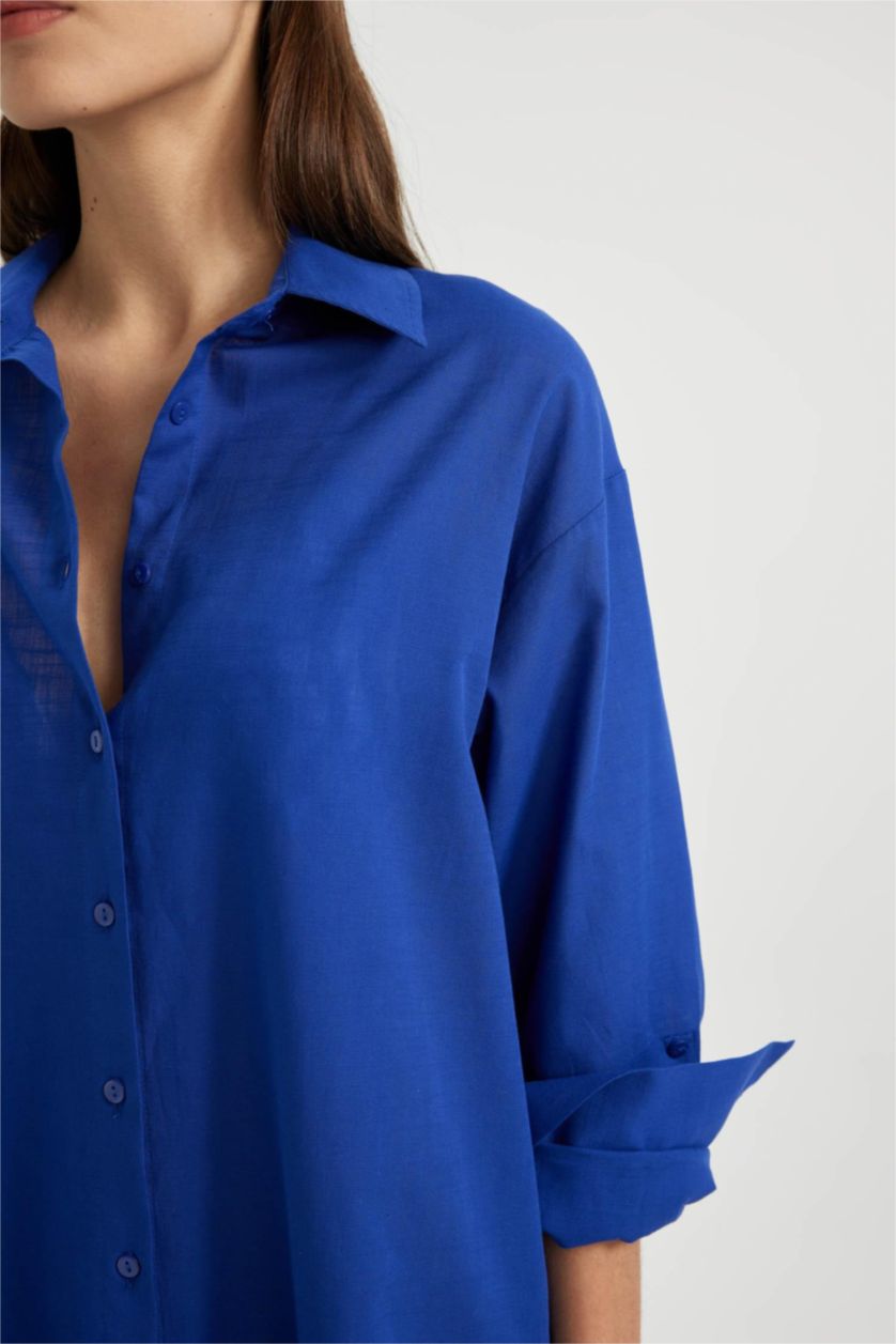 Kadın Saks Regular Fit Pamuklu Plaj Gömleği
