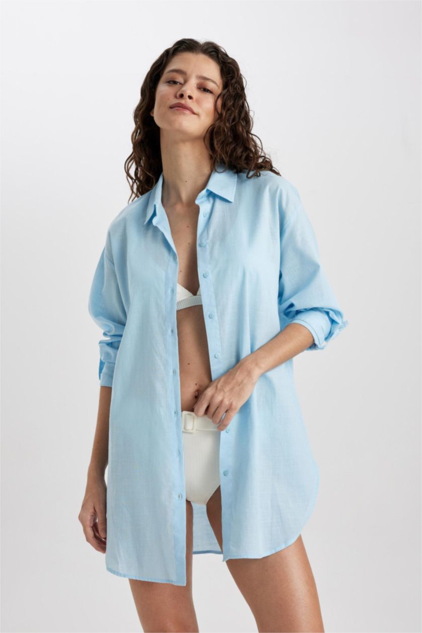 Woman Blue Fall in Love Regular Fit Beach Shirt