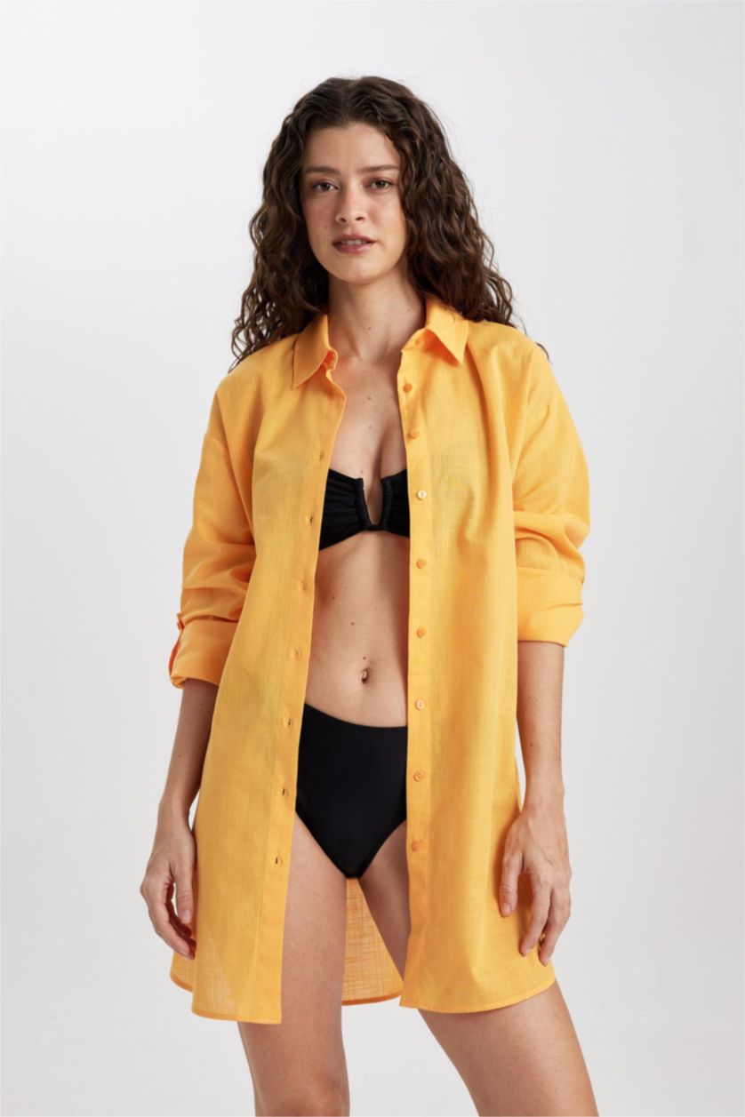 Kadın Sarı Regular Fit Pamuklu Plaj Gömleği