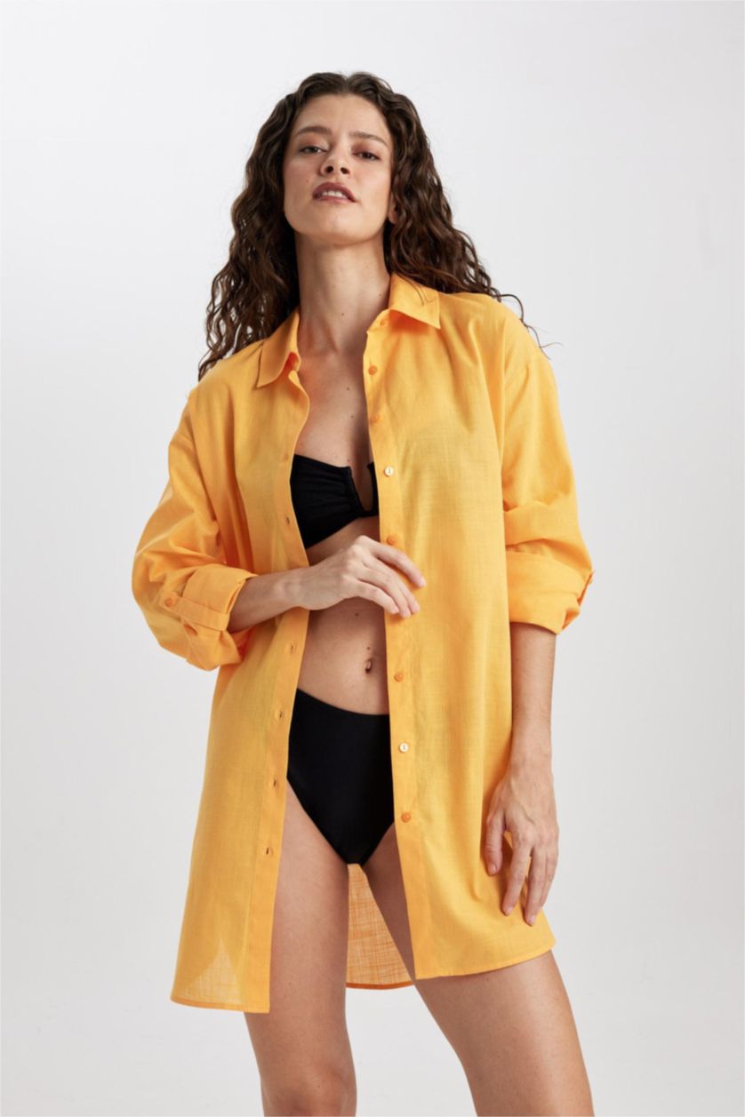 Kadın Sarı Regular Fit Pamuklu Plaj Gömleği