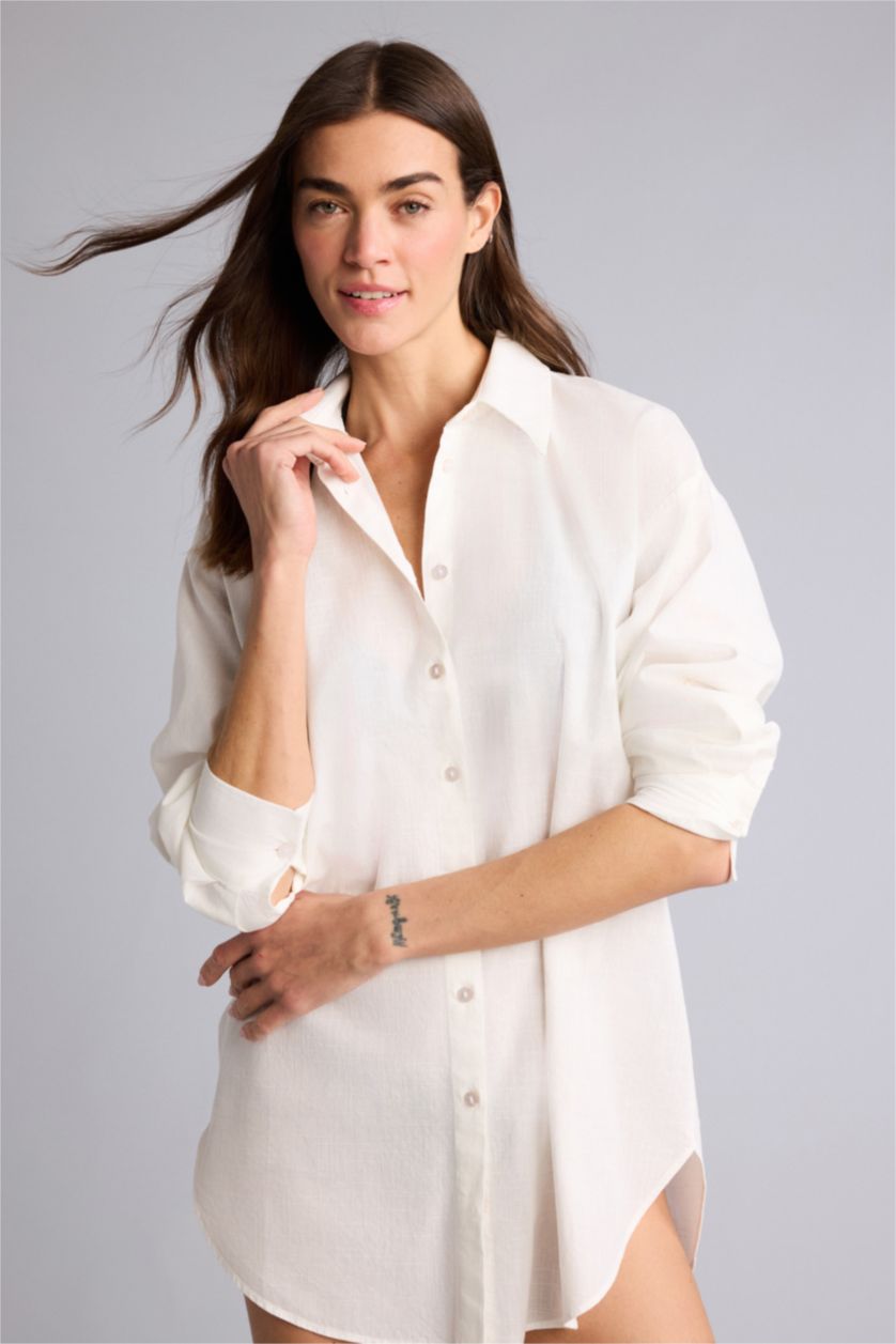 FEMME Blanc Chemise de plage 100% coton à coupe régulière de Fall in love