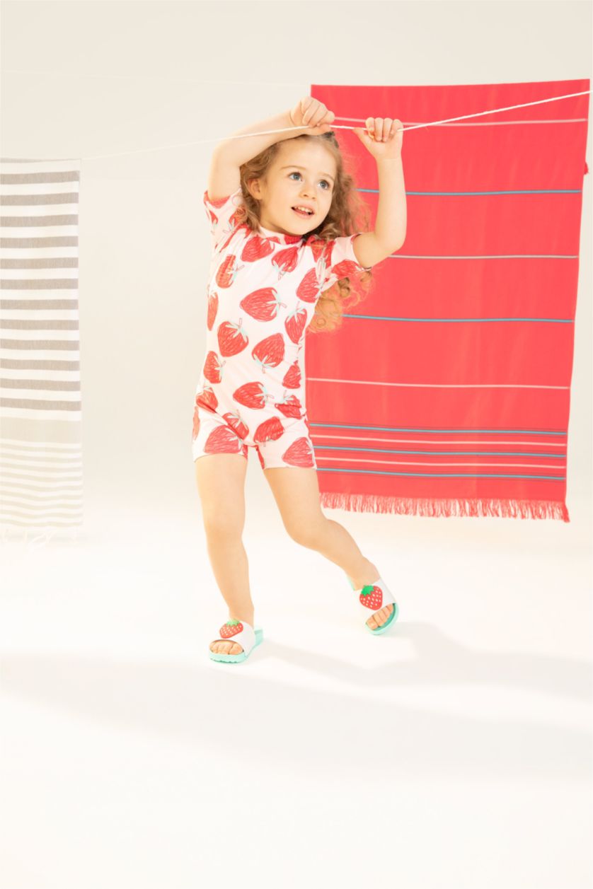 Kız Bebek Pembe Kız Bebek Çilek Desenli Kısa Kollu Tulum Mayo