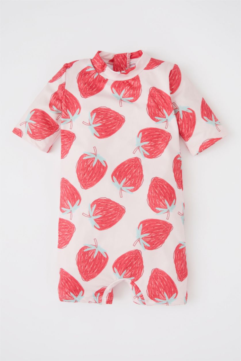Kız Bebek Pembe Kız Bebek Çilek Desenli Kısa Kollu Tulum Mayo